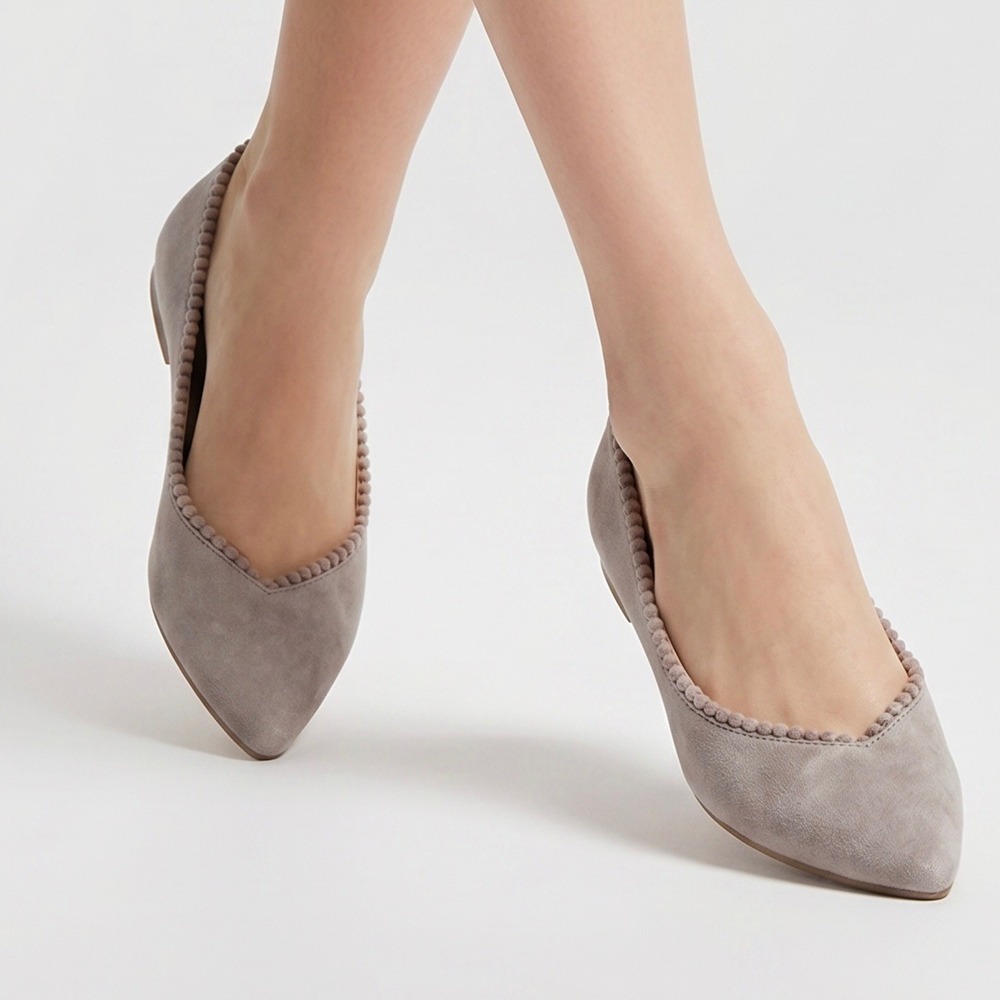 Kaari Blue Hilda Taupe Grey Pom Pom Trim Pointed Toe Ballet Flats Womens 8M